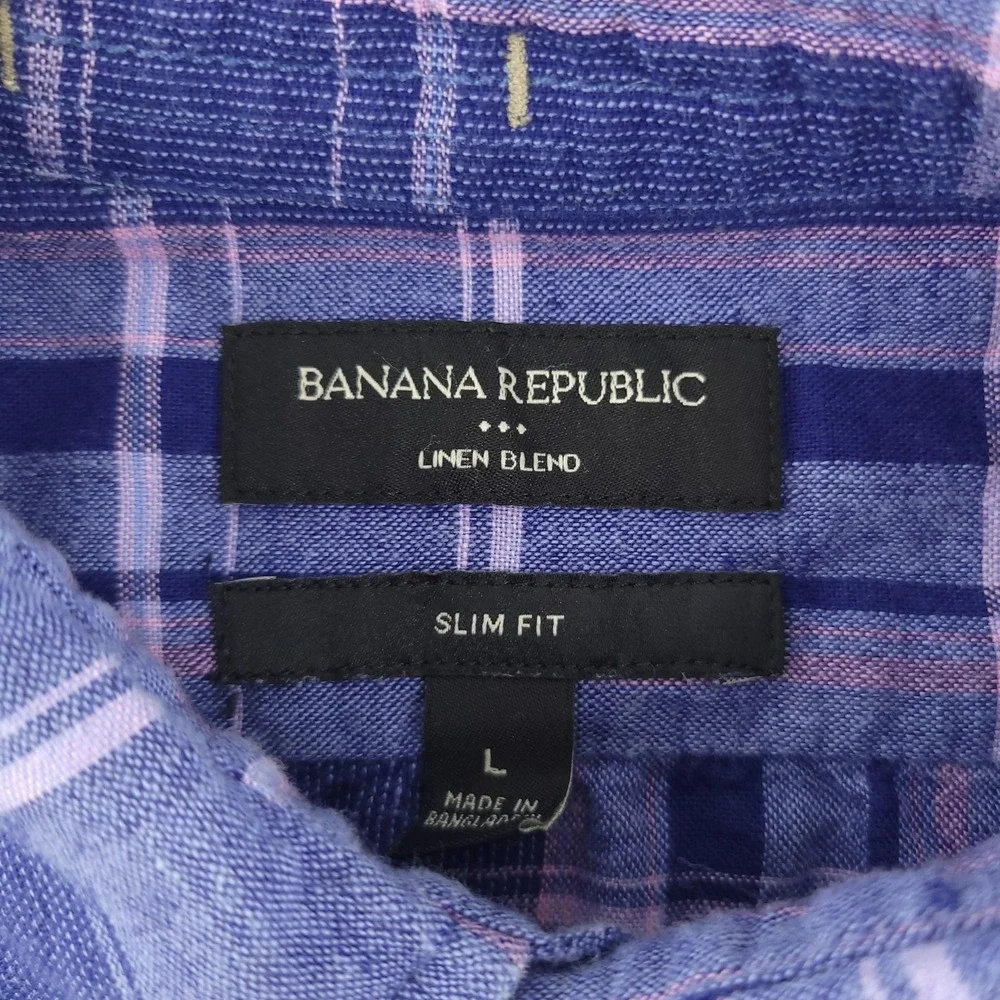 Banana Republic Shirt Mens L Blue Plaid Long Sleeve Linen Blend Slim Fit Casual